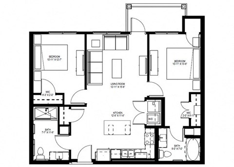 Floor plan for 2 beds, 2 baths, 1050 sqft